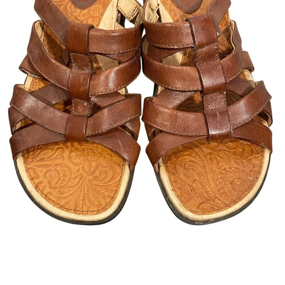 Ariat Womens Leather Slide Sandals Brown Size 7B Embossed Footbed & Strappy Desi